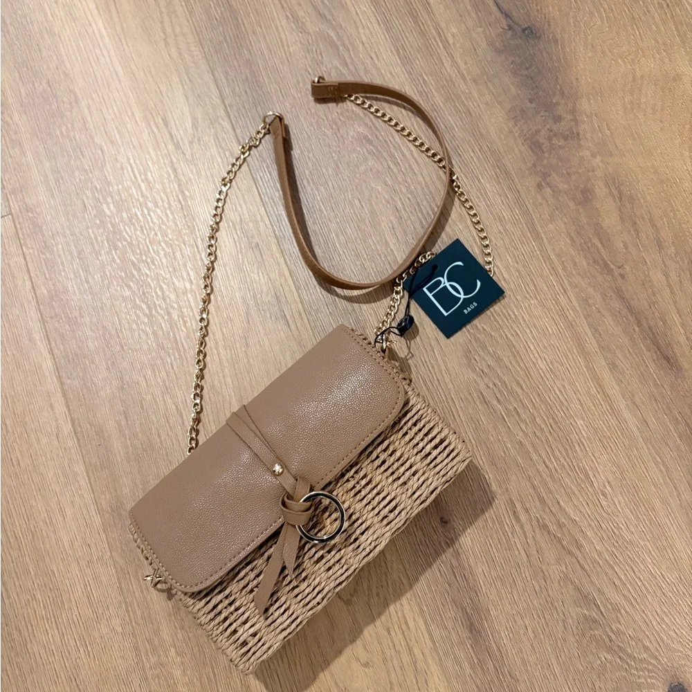 Woven Crossbody Bag with Leather Flap - Tan - Picture 4 of 5